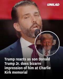 Read more about the article Donald Trump Jr. Does Bizarre Impression of Father at Charlie Kirk Memorial, Trump Reacts